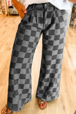 Checkered Wide Leg Jeans With Pockets