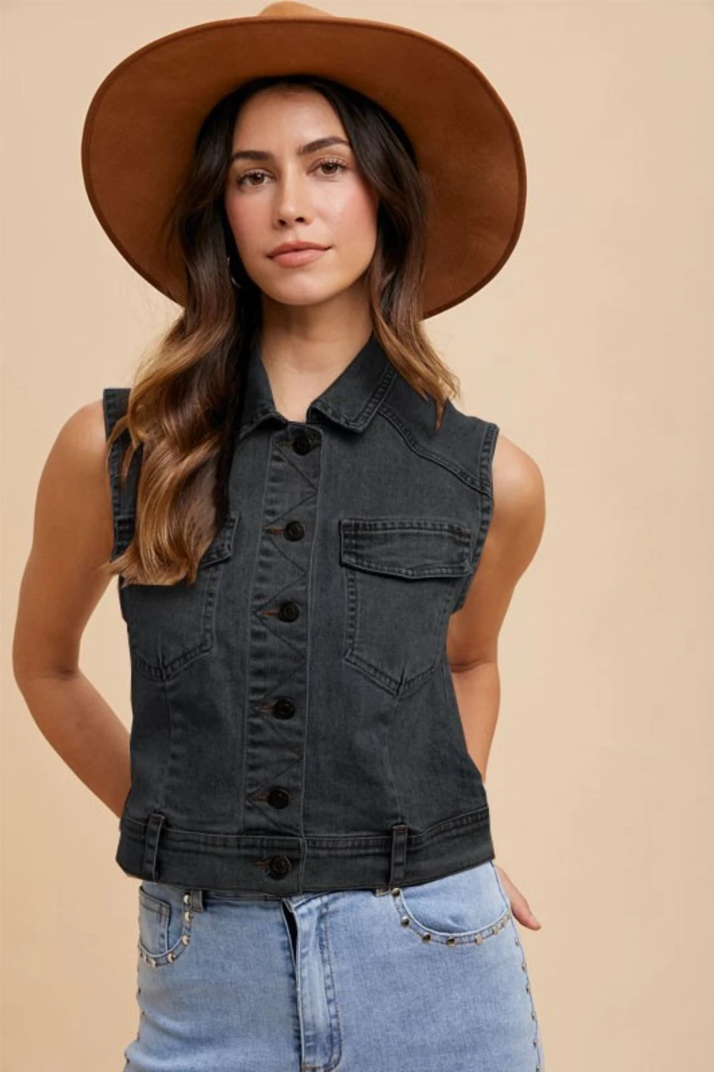 Annie Wear Collared Neck Button Down Denim Vest 2 Annie Wear Collared Neck Button Down Denim Vest