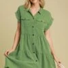 Umgee Full Size Frayed Hemline Button Down Shirt Dress Plus Size