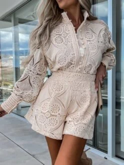 Lace Button Detail Long Sleeve Top And Shorts Set