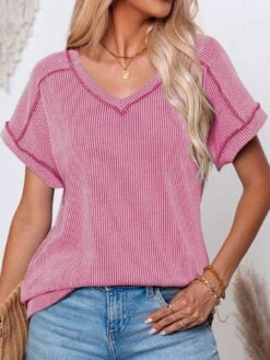 Exposed Seam V-Neck Short Sleeve Top -Ruby's Rubbish 68166f97 acb6 4aa6 a132 ce16081689f5 Max