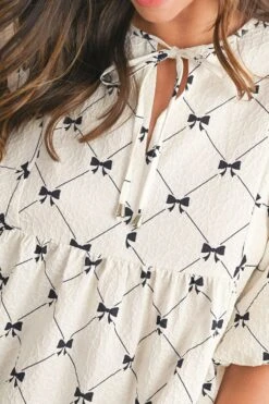 Bow Print Tie Neck Half Sleeve Dress -Ruby's Rubbish 7b600330 4360 4dbf b1bd bcf86917012d Max