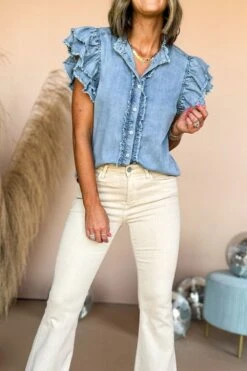 Button Down Raw Hem Ruffled Denim Shirt -Ruby's Rubbish 82a77bc9 a085 43bb b3b7 bb623c2f3f05 Max