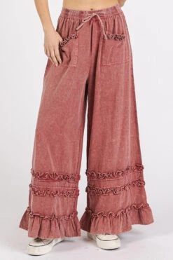 Mittoshop Ruffle Trim Pocket Mineral Wash Wide Leg Pants