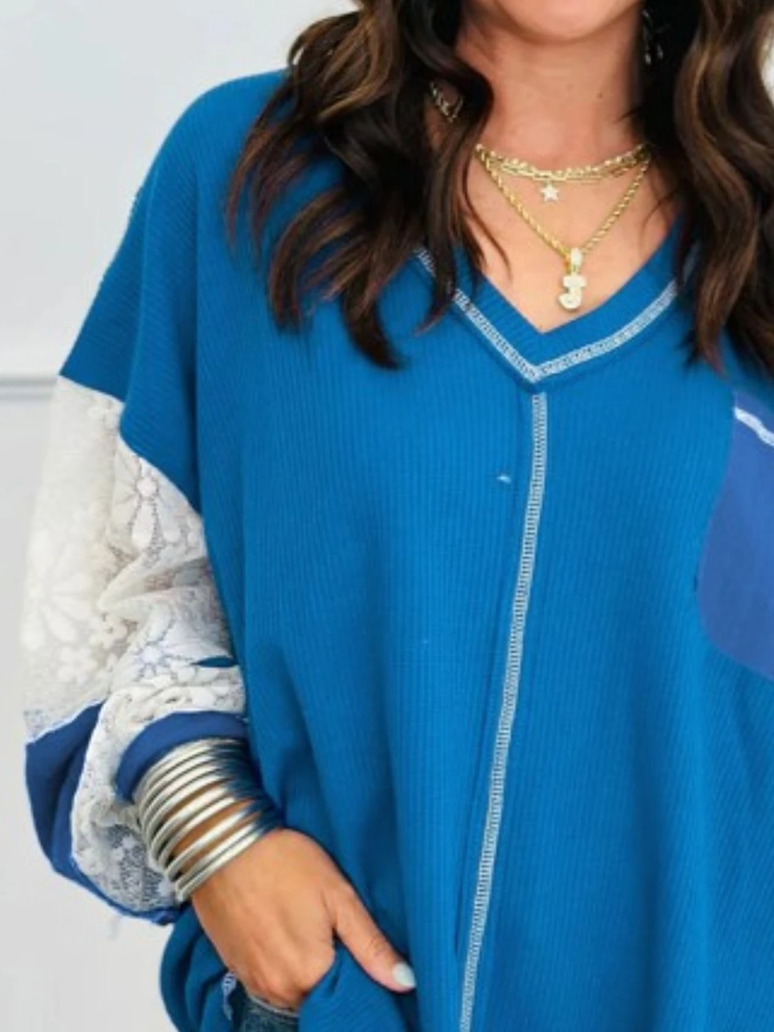 Lace Patchwork Sleeve Stitching V Neck Top 8 Lace Patchwork Sleeve Stitching V Neck Top - Image 6