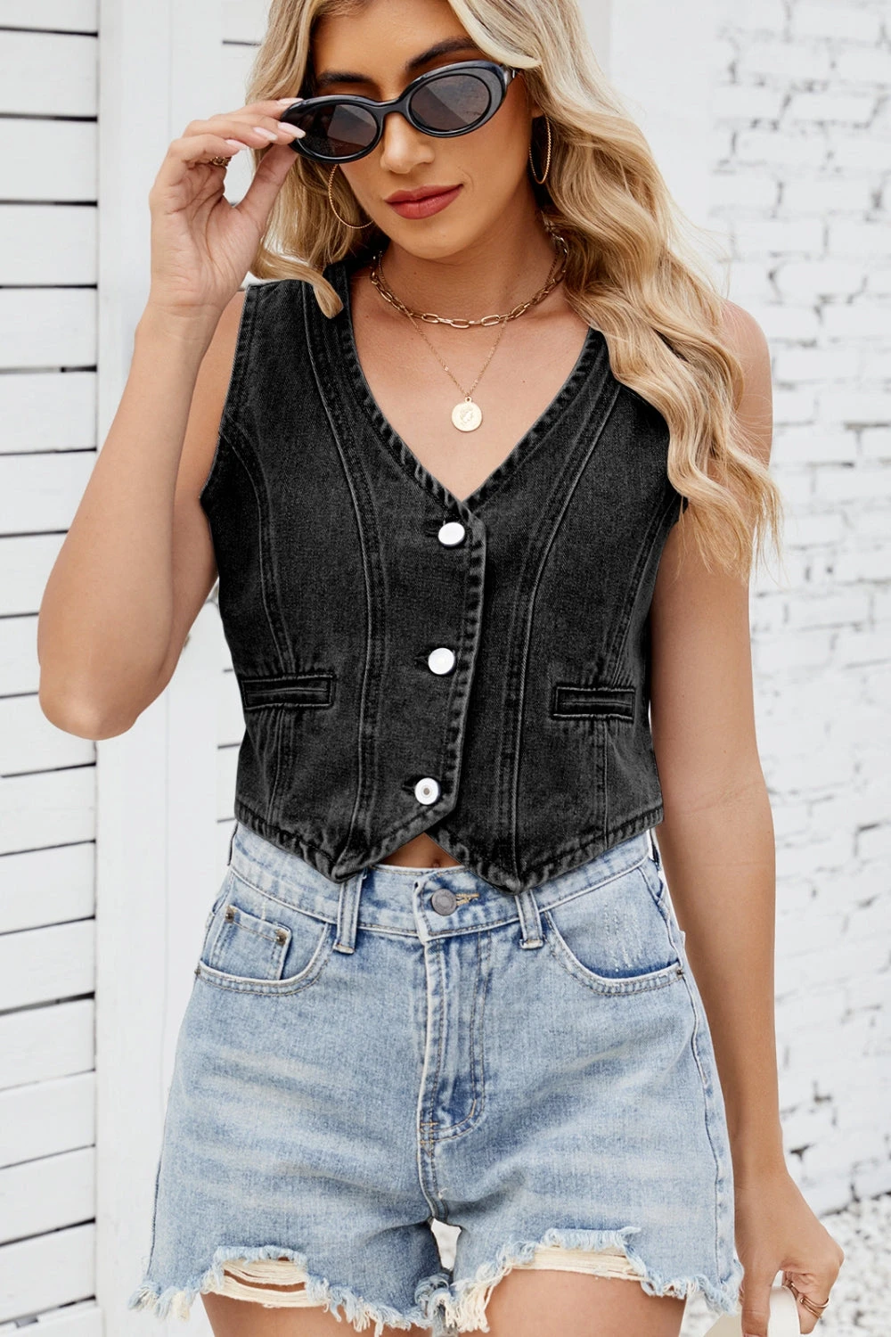 Button Down V-Neck Denim Vest 4 Button Down V-Neck Denim Vest - Image 2