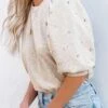 Rhinestone Pearl Detail Round Neck Puff Sleeve Top