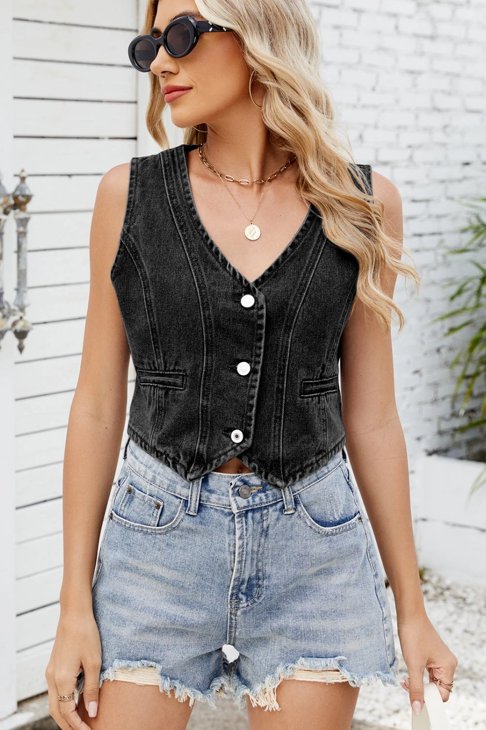 Button Down V-Neck Denim Vest 7 Button Down V-Neck Denim Vest - Image 5
