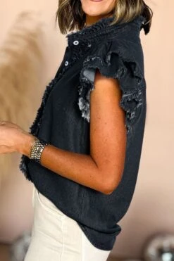 Button Down Raw Hem Ruffled Denim Shirt -Ruby's Rubbish d3bd0b07 67bc 438b b904 718726d00a6b Max