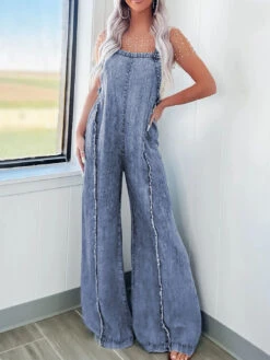 Exposed Seam Washed Wide Leg Denim Overalls