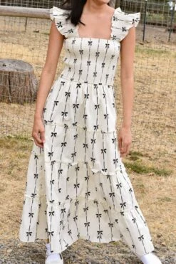 Bow Print Smocked Square Neck Ruffle Tiered Maxi Dress