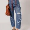 Distressed Splattering Paint Rope Waist Cropped Straight Jeans