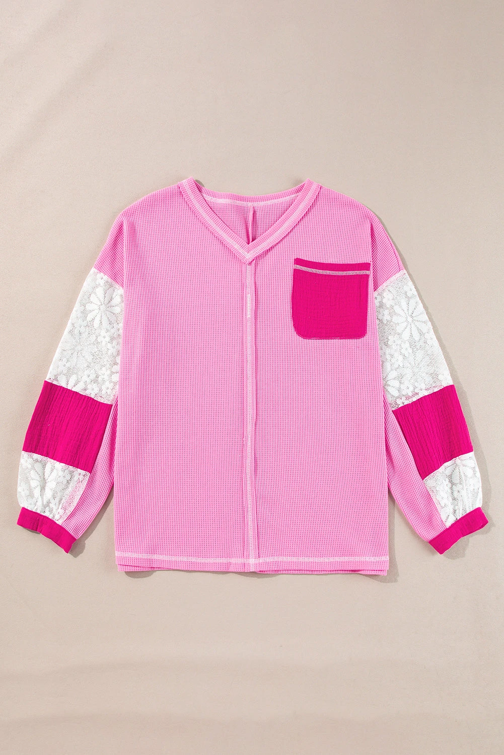 Lace Patchwork Sleeve Stitching V Neck Top 5 Lace Patchwork Sleeve Stitching V Neck Top - Image 3