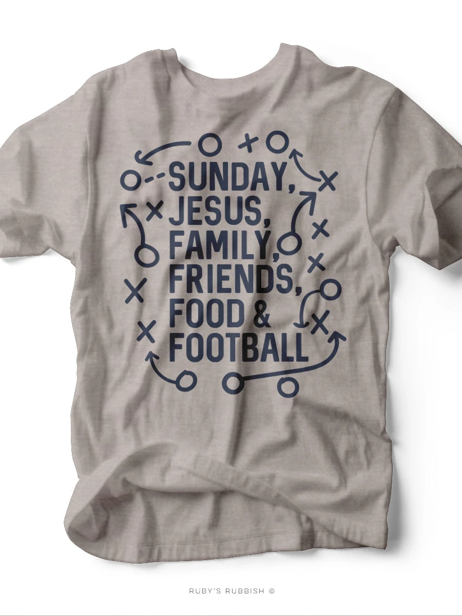 Sunday, Jesus, Family, Friends, Food & Football | Game Day T-Shirt | Ruby’s Rubbish® 3 Sunday, Jesus, Family, Friends, Food & Football | Game Day T-Shirt | Ruby’s Rubbish®